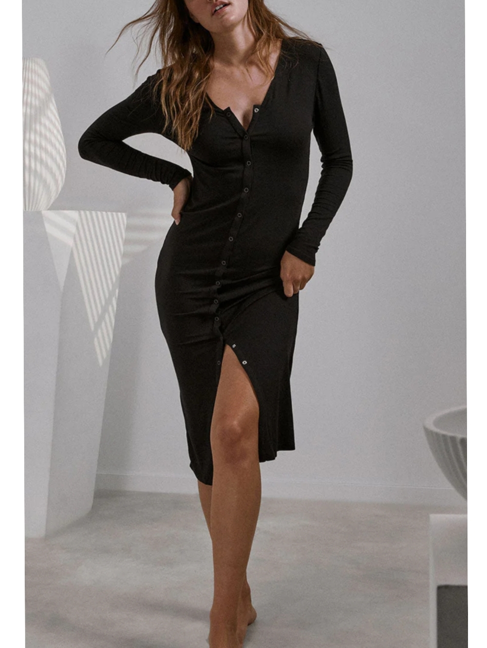 Lunya Soft Modal Rib Snap Front Long Sleeve Dress